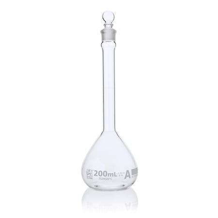 Globe Scientific Flask, Volumetric , Globe Glass, 200mL, Class A, To Contain (TC), ASTM E288, 6/Box 8200200